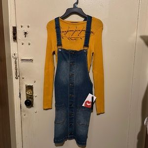 WOMENS DENIM OVERALL DRESS WITH MUSTARD COLOR LONG SLEEVE CRISS CROSS DETAIL TOP
